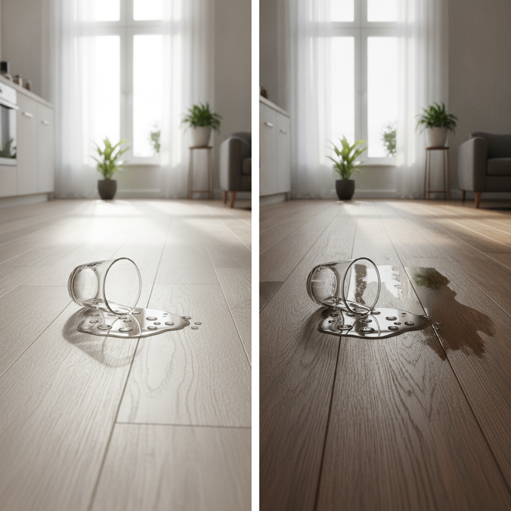 A dramatic, photorealistic split-screen image in a brightly lit home interior. The left side shows a glass of water spilled on a beautiful waterproof hybrid hardwood floor, with the liquid beading up harmlessly on the surface and seams. The right side shows a similar spill on a traditional solid hardwood floor, with the water soaking into the seams, causing the wood planks to look dark, swollen, and warped at the edges.