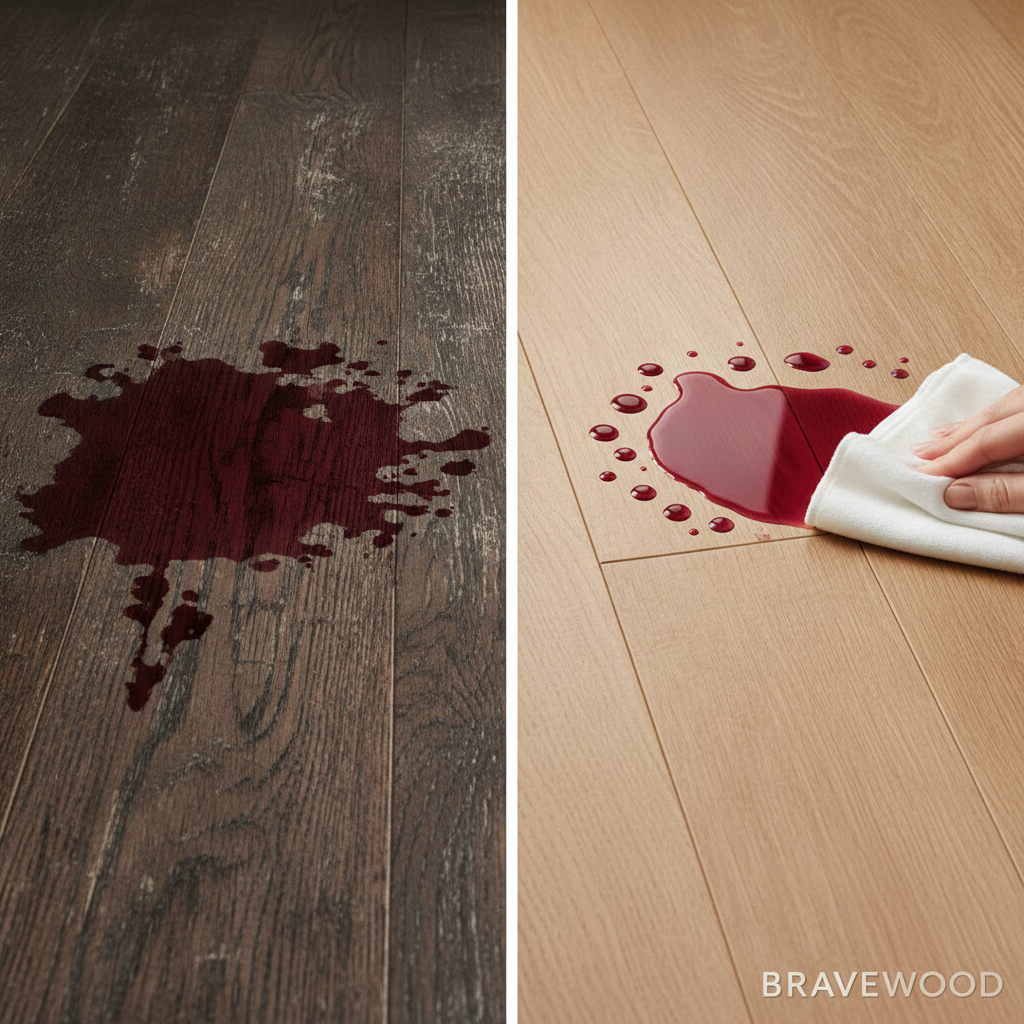 A split-screen image comparing a water-damaged traditional hardwood floor on the left with a pristine, waterproof Bravewood hybrid hardwood floor on the right where spilled wine beads up harmlessly.