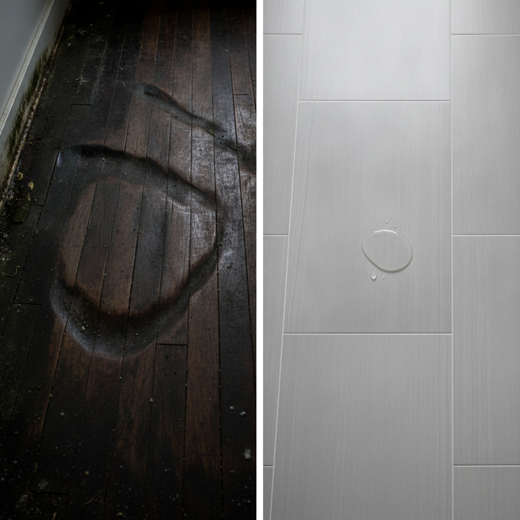 Split-screen image contrasting a water-damaged, warped hardwood floor with a clean, modern waterproof tile floor.