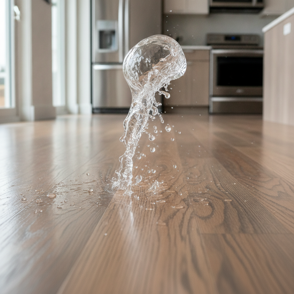 A close-up of water droplets beading up on the surface of a hybrid hardwood floor, demonstrating its waterproof quality without soaking into the wood.