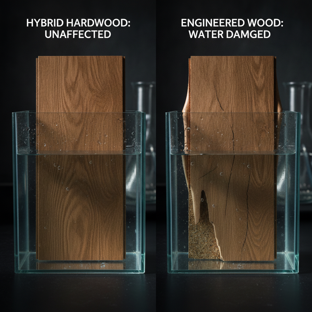 A dramatic side-by-side test. On the left, a hybrid hardwood plank is submerged in water, looking pristine. On the right, an engineered wood plank is submerged and is visibly swollen, warped, and delaminating, showing clear water damage.