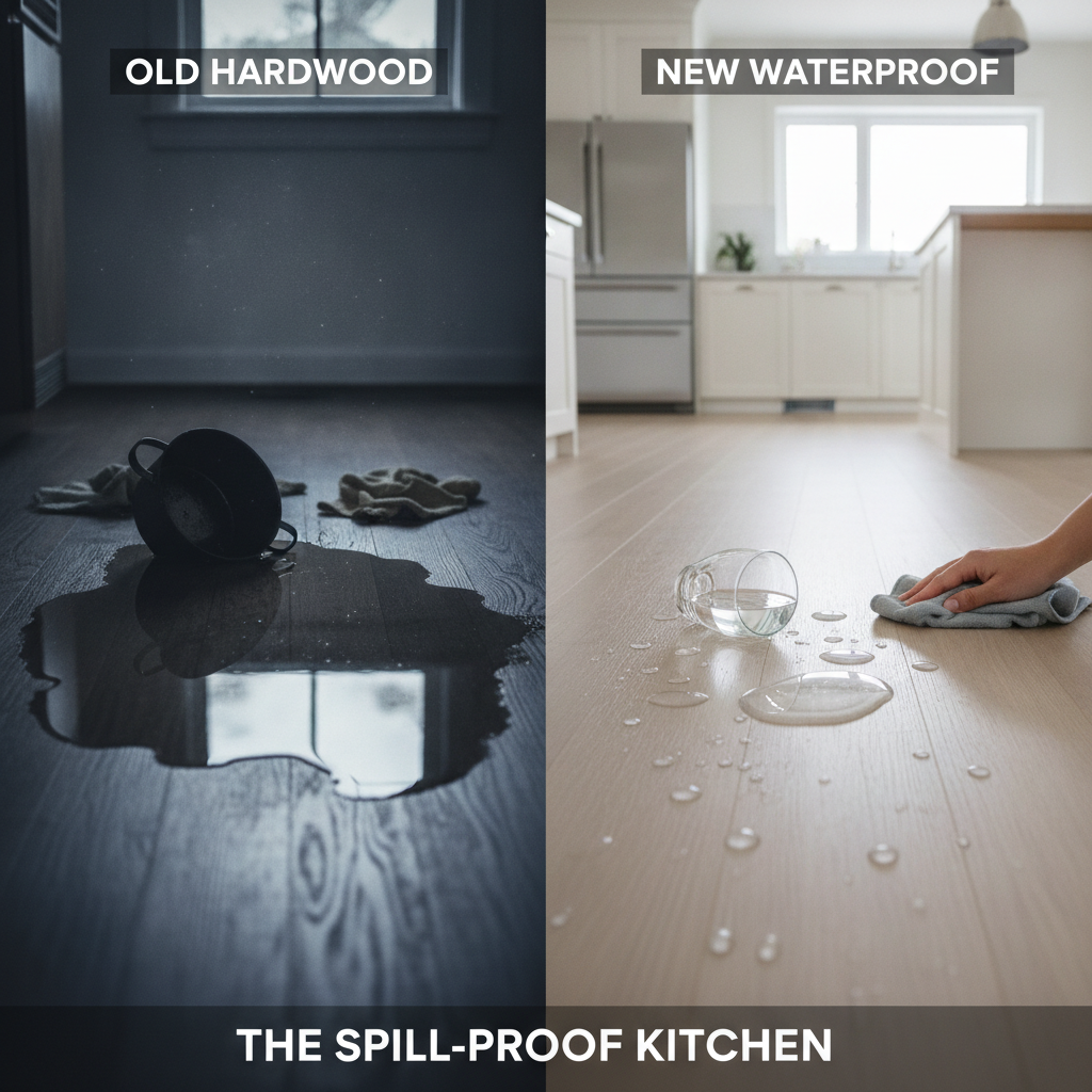 Split screen showing warped, water-damaged hardwood on the left versus pristine waterproof flooring with a harmless spill on the right.