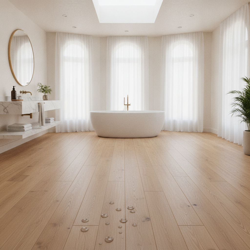 A wide, aspirational shot of a luxurious, light-filled bathroom featuring a beautiful waterproof hybrid hardwood floor in a warm, natural oak finish. A freestanding tub is in the center, and the floor looks seamless and elegant. Water drops are beaded up on the floor's surface near the tub, subtly demonstrating its waterproof capability without showing any damage.