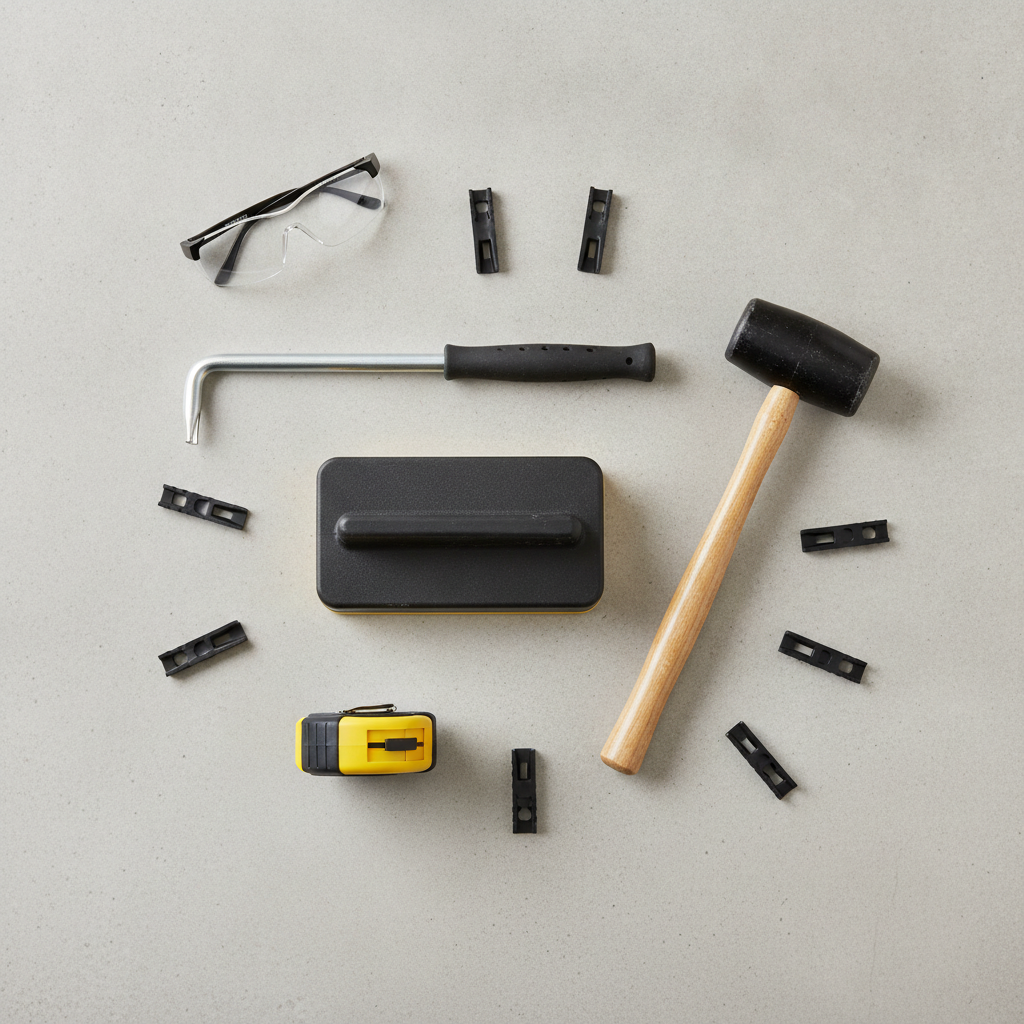 An organized flat lay of essential DIY flooring installation tools, including a tapping block, pull bar, rubber mallet, tape measure, and safety glasses on a neutral background.