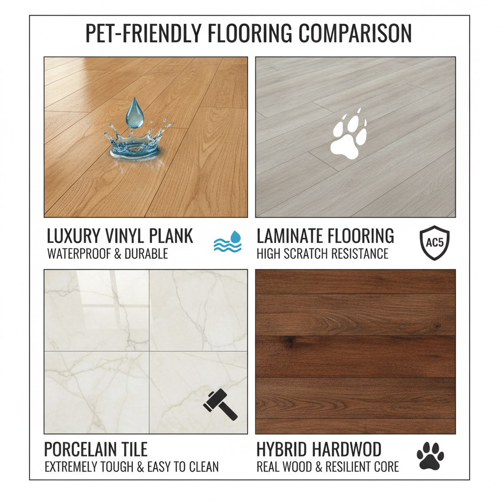 Comparison graphic showing four pet-friendly flooring types: luxury vinyl plank, laminate, porcelain tile, and hybrid hardwood, with icons for their key features.
