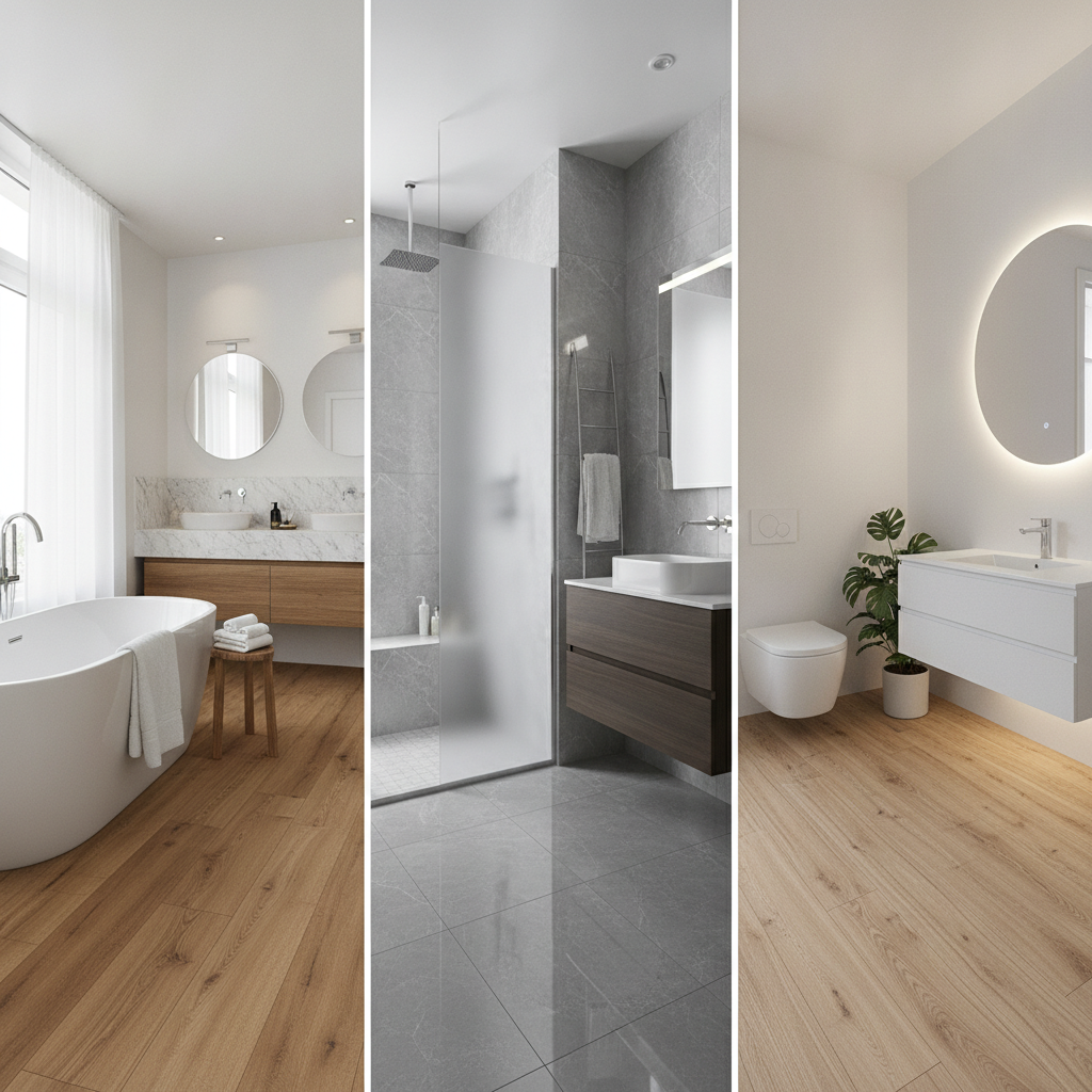 A three-panel image showcasing luxury vinyl plank, porcelain tile, and waterproof laminate flooring in a beautiful, modern bathroom setting.