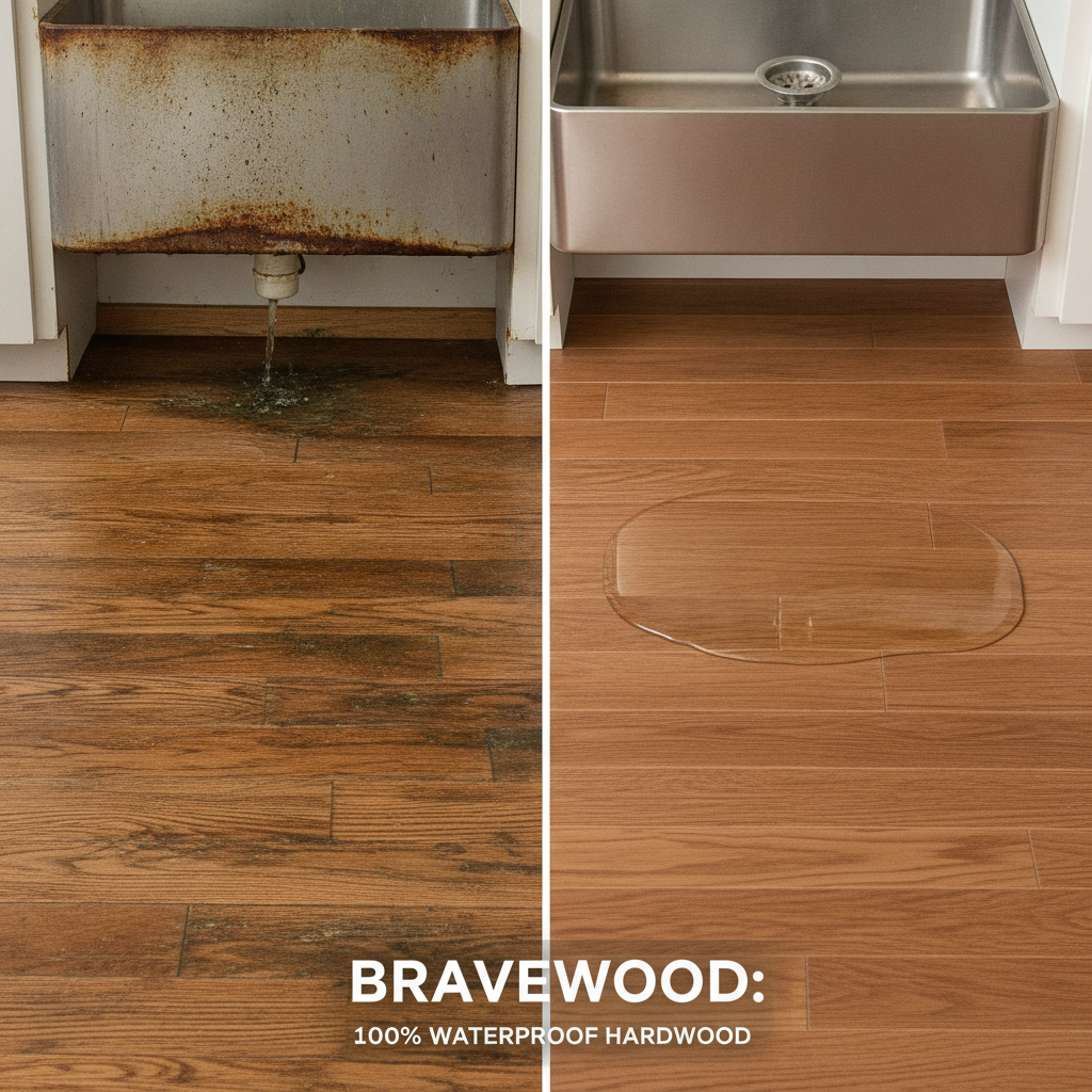 A split-screen comparison showing a water-damaged, warped traditional hardwood floor on the left, and a pristine Bravewood floor with water pooled harmlessly on its surface on the right.