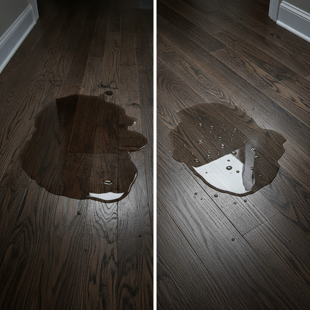 A split-panel image contrasting a water-damaged traditional wood floor with a pristine, waterproof hybrid hardwood floor where water beads on the surface.