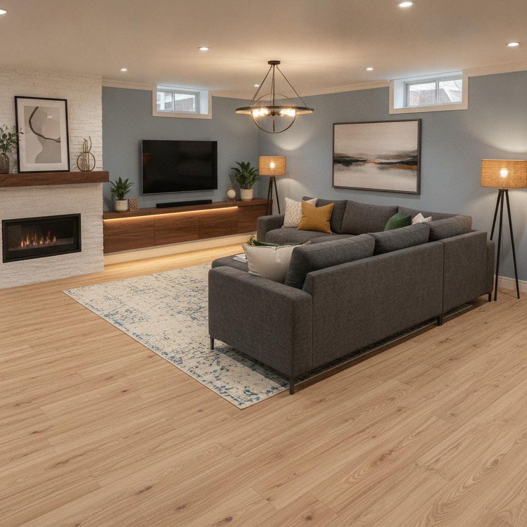 A stylish finished basement with light-colored waterproof flooring, a comfortable sofa, and an area rug, creating a warm and inviting living space.
