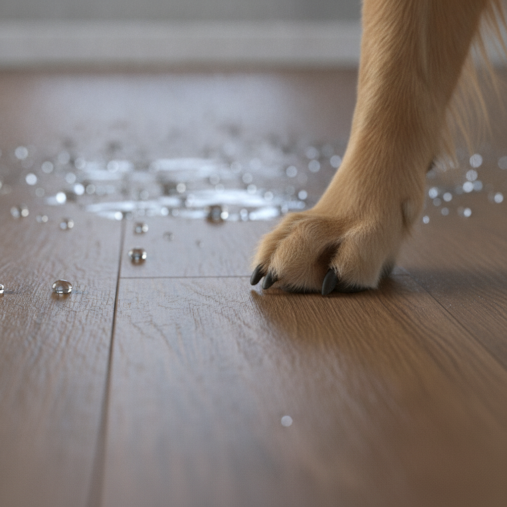 Close-up photo of a dog's paw on a scratch-free Bravewood floor, with water beading on the surface to show its waterproof quality.