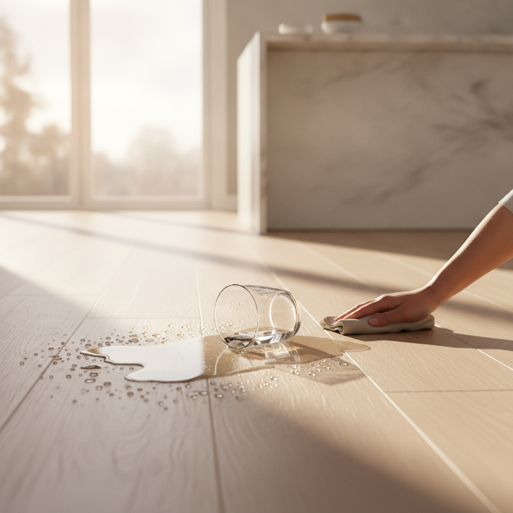 A spilled glass of water beads up perfectly on a modern hybrid hardwood floor in a kitchen, demonstrating its waterproof and worry-free qualities.