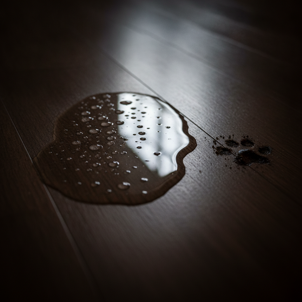 A close-up shot of water beading up on a dark hybrid hardwood floor next to a muddy paw print, demonstrating its waterproof and mess-proof quality.