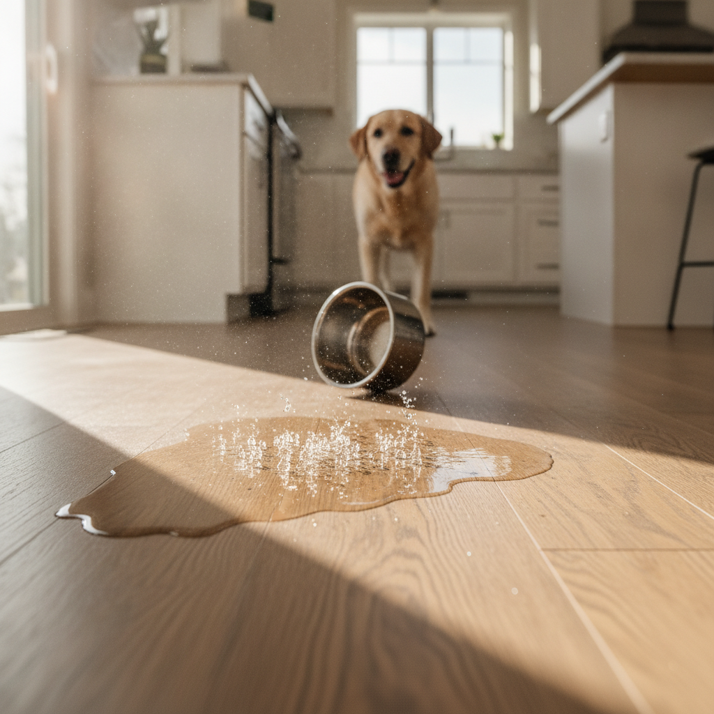 Water from a spilled dog bowl beading up on a Bravewood hybrid hardwood floor, demonstrating its waterproof quality.