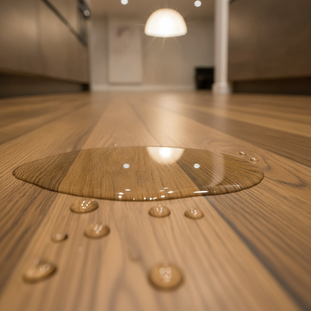 Close-up of a puddle of water beading up on the surface of a waterproof hybrid hardwood floor in a kitchen, demonstrating its complete water protection.