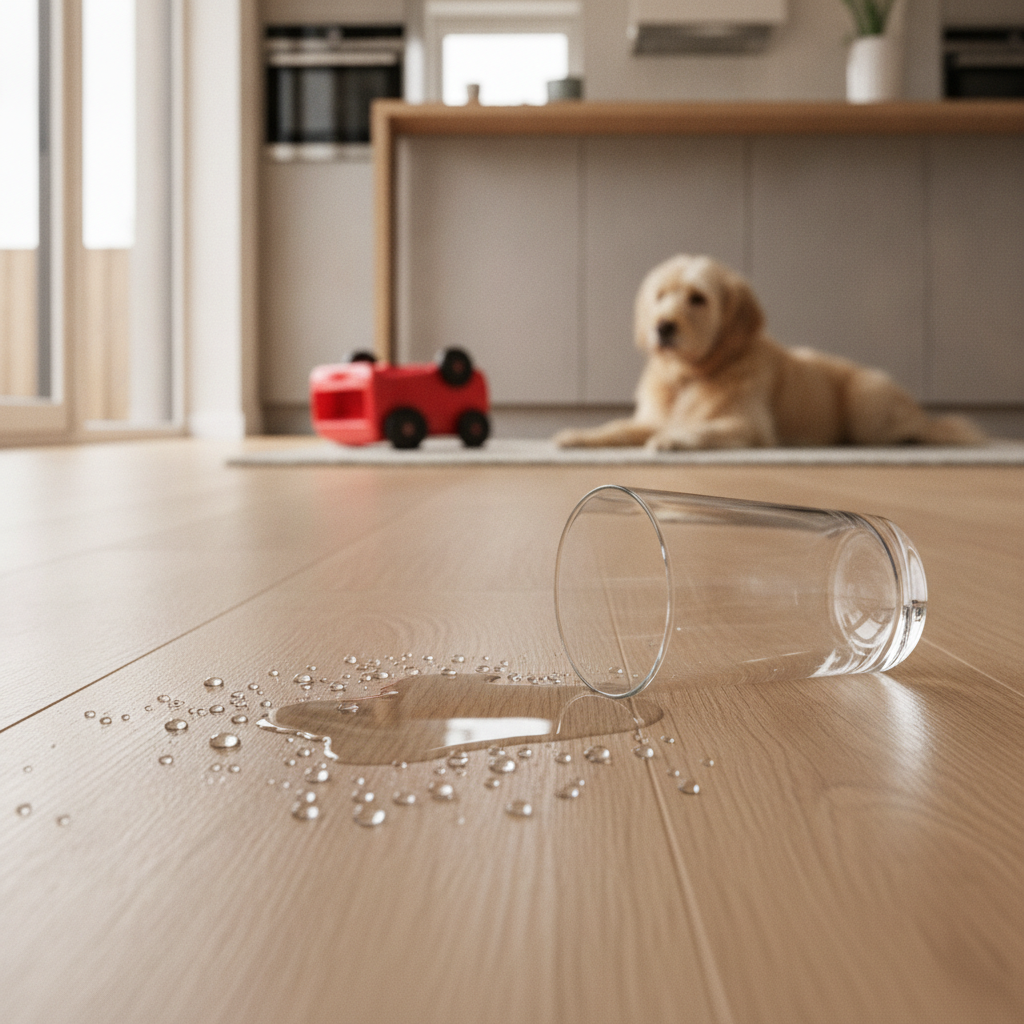 A glass of water spilled on a light oak hybrid hardwood floor in a modern kitchen, beading up on the surface to demonstrate its waterproof quality. A dog's paw is visible in the background.