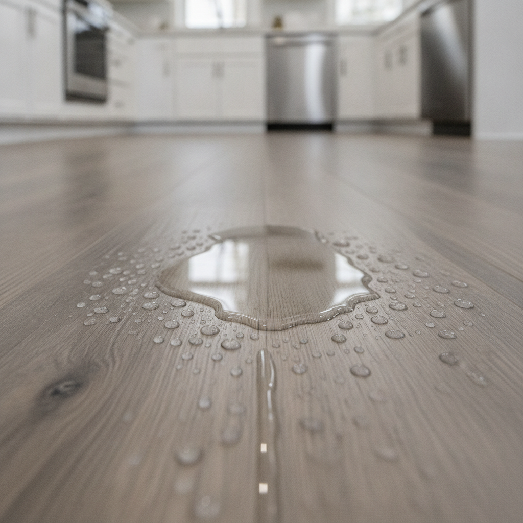 A close-up photo showing water beaded up on a waterproof hybrid hardwood kitchen floor, demonstrating its impermeability.