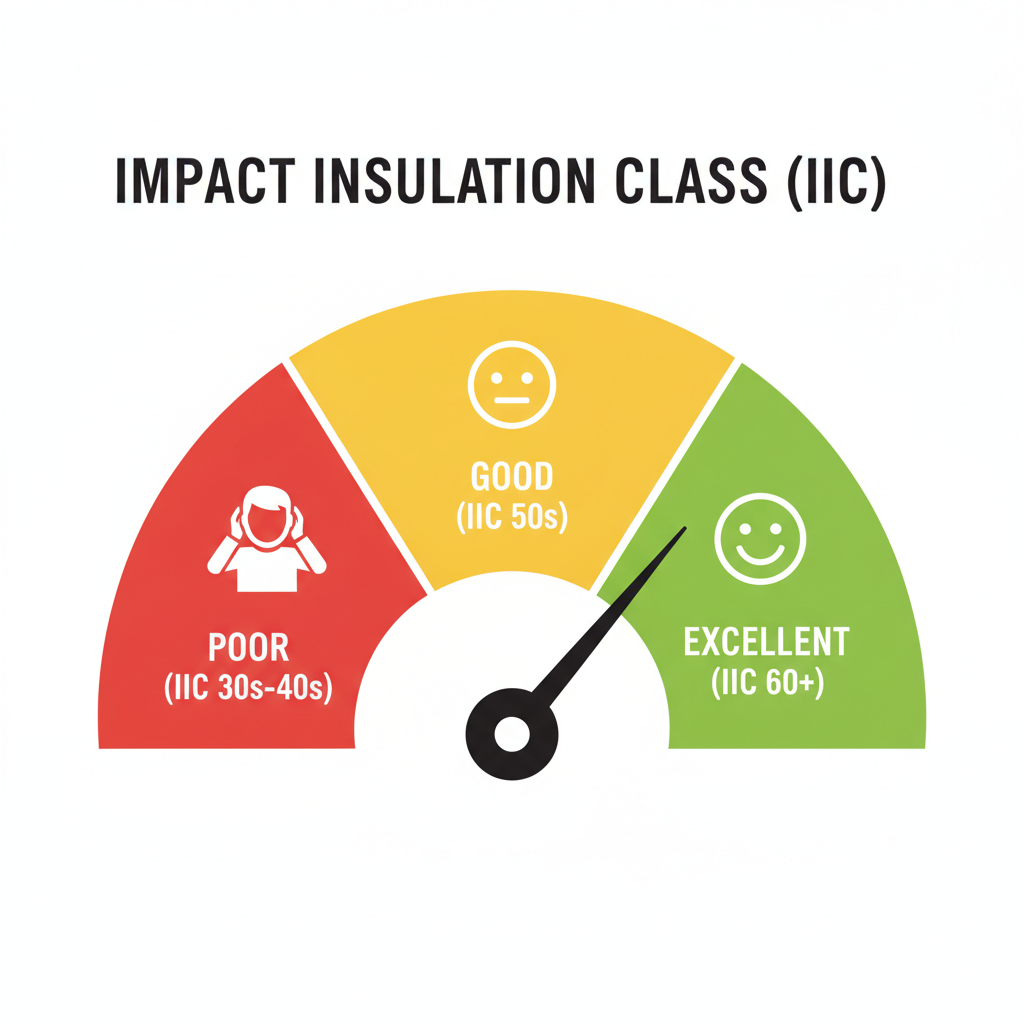 A meter illustrating Impact Insulation Class (IIC) ratings, with color-coded zones from poor (red) to good (yellow) to excellent (green) for sound insulation.