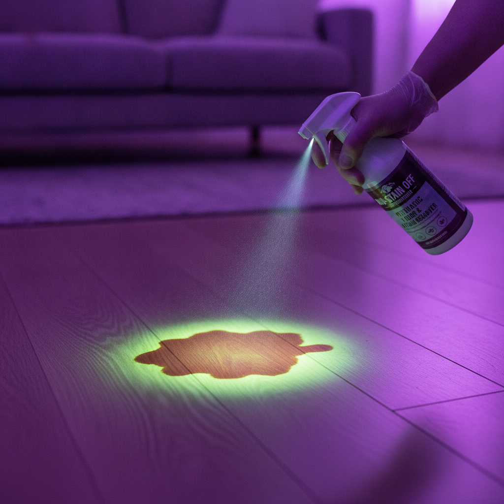 A UV blacklight illuminates a hidden pet urine stain on a wood floor, with a person holding an enzymatic cleaner ready to treat the spot.