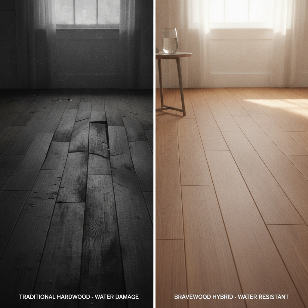 A split-screen image comparing severely warped, water-damaged traditional wood flooring on the left with pristine, flat waterproof hybrid hardwood on the right.