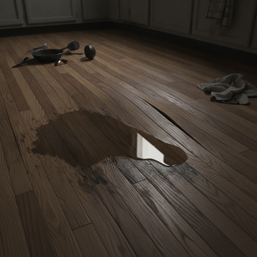 Severely water-damaged traditional hardwood floor showing planks that are cupping and buckling from moisture.