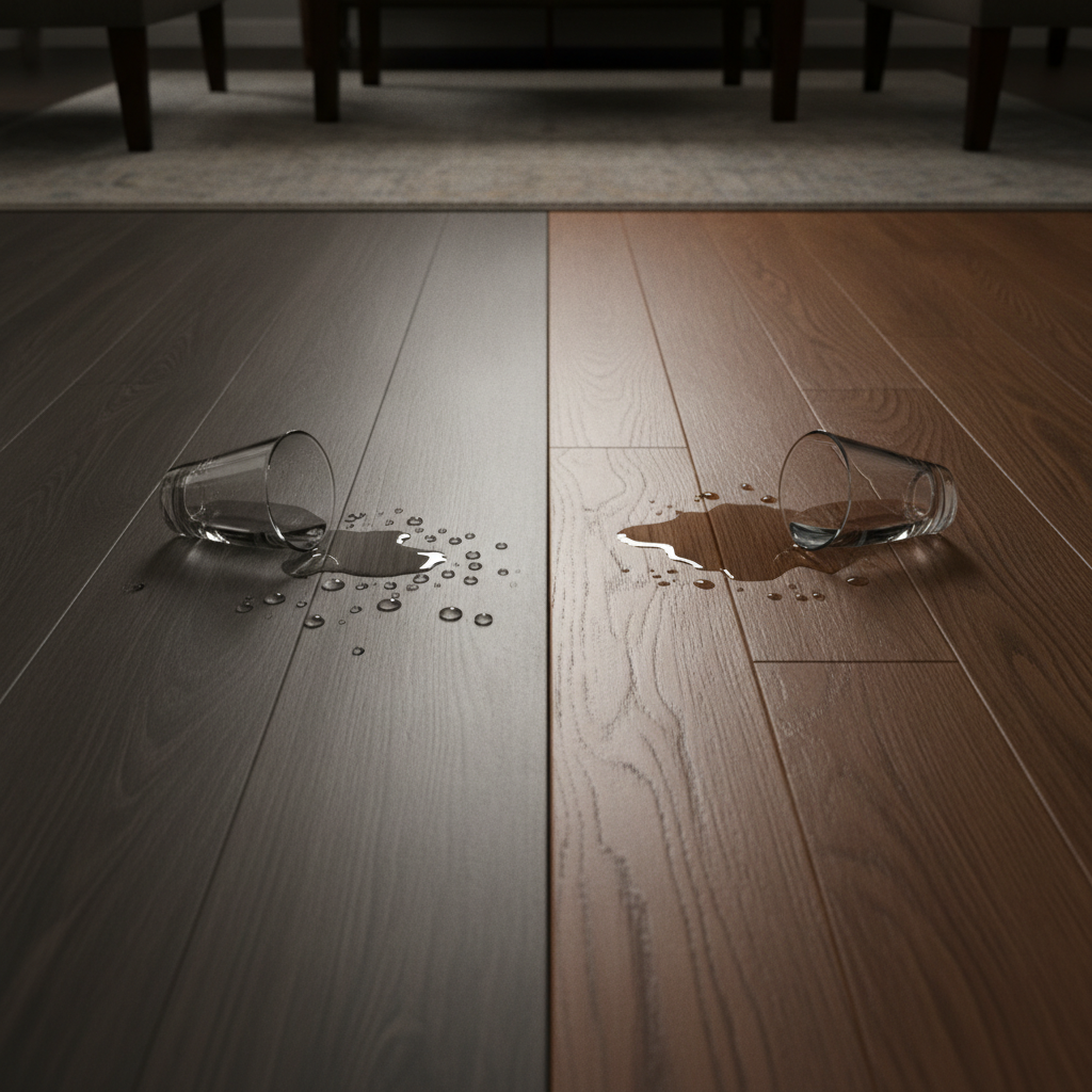 Split-screen comparison showing water beading on waterproof hybrid flooring versus soaking into and damaging traditional hardwood flooring.