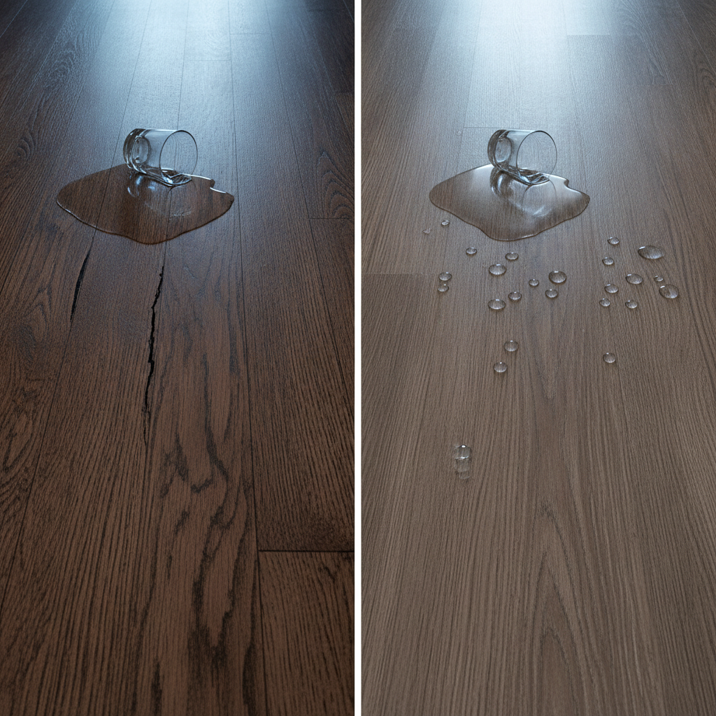 Water Resistance: Hybrid vs. Hardwood Showdown Split-screen comparison of water resistance. Left: spilled water warping a traditional hardwood floor. Right: spilled water beading on an undamaged waterproof hybrid floor.