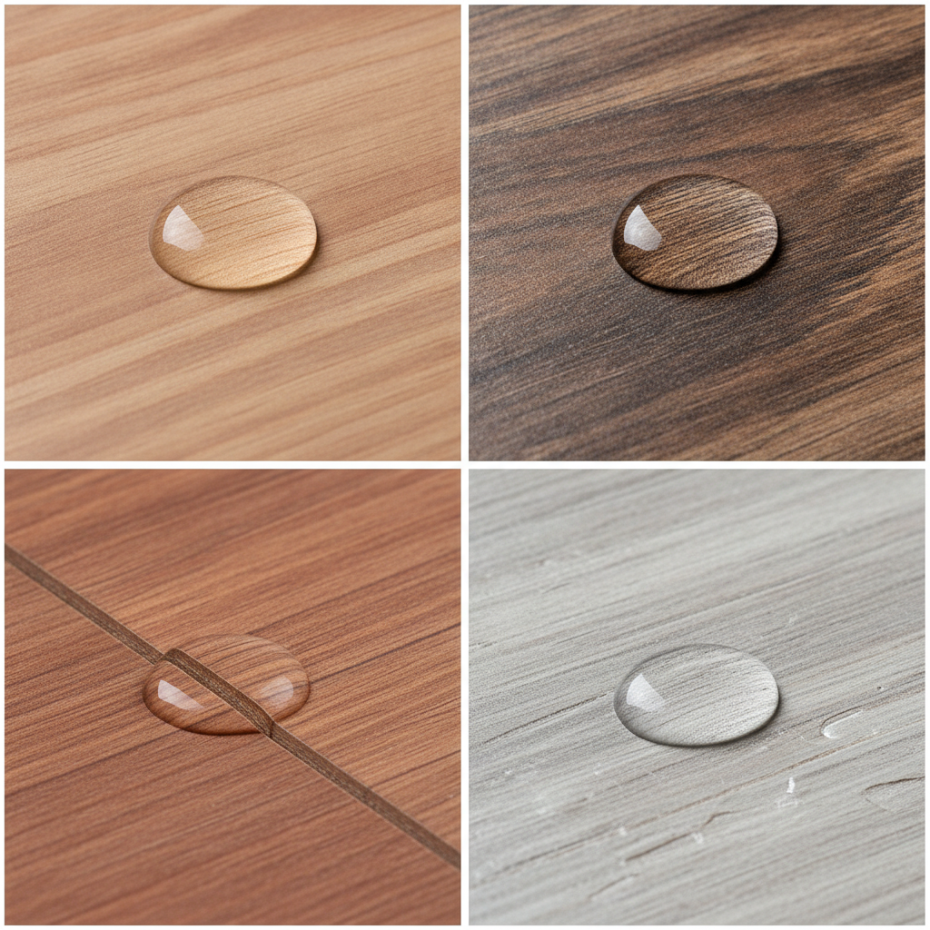 A four-panel image comparing water resistance on different floors: water beads on hybrid hardwood and LVP, but soaks into engineered hardwood and causes laminate to bubble.