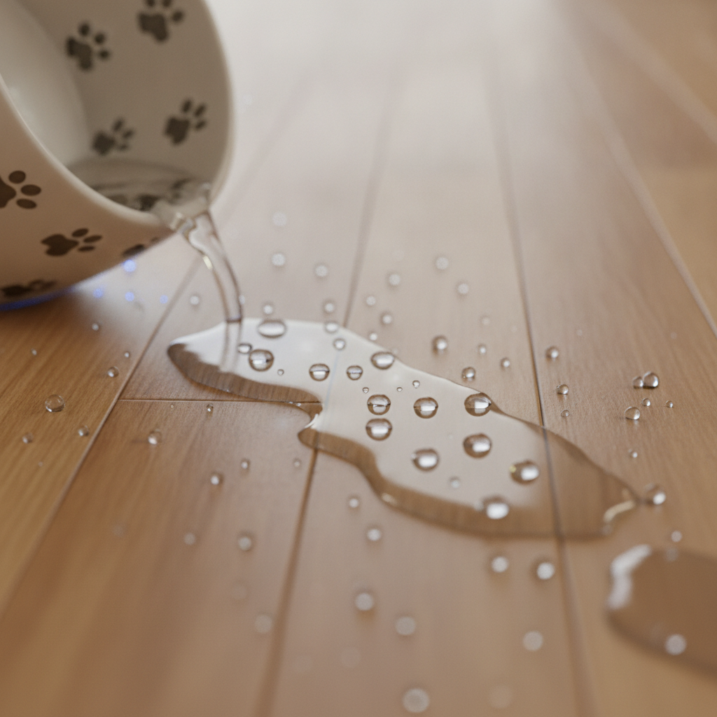 Close-up of spilled water beading up on a waterproof floor, demonstrating its ability to protect against pet accidents.