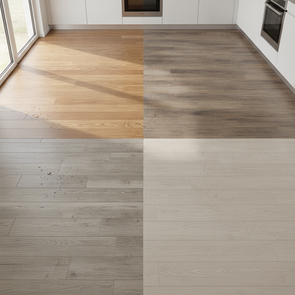 A photorealistic, wide-angle shot of a modern kitchen floor, split into four distinct, seamless sections. Each section showcases a different waterproof flooring type: hybrid hardwood with authentic oak grain, luxury vinyl plank (LVP) with a convincing wood look, elegant wood-look porcelain tile, and a sleek waterproof laminate. The lighting is bright and natural, highlighting the textures and differences of each material.
