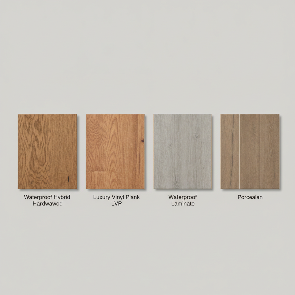 A side-by-side comparison of four waterproof flooring samples: hybrid hardwood, luxury vinyl plank, waterproof laminate, and porcelain tile.