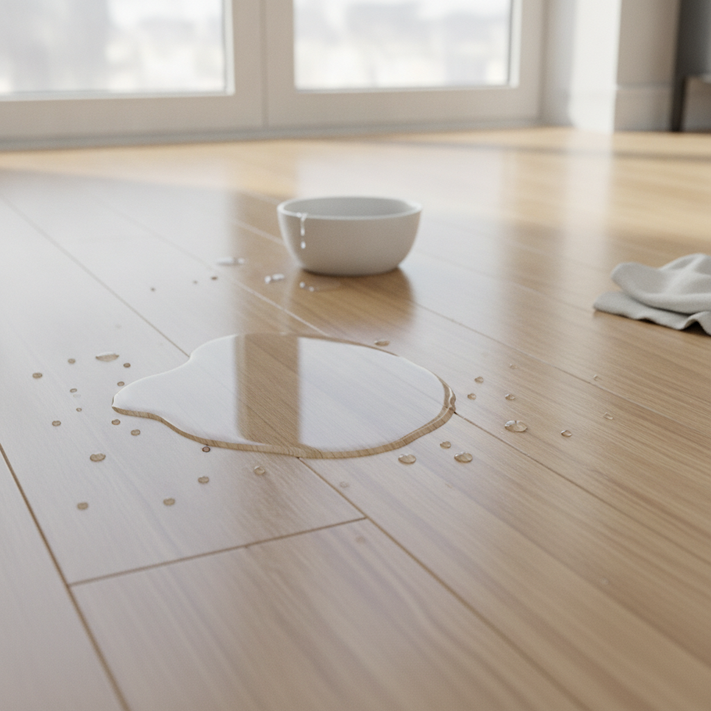 A spilled water puddle beading up on the surface of waterproof hybrid hardwood flooring, demonstrating its ability to repel liquid and prevent damage.