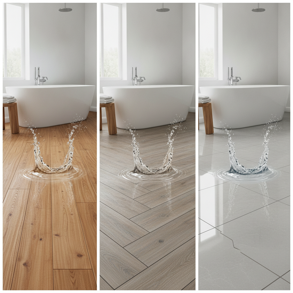 A side-by-side comparison of hybrid hardwood, luxury vinyl plank, and porcelain tile installed in a modern bathroom, demonstrating their waterproof qualities.