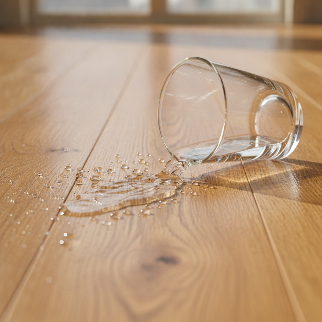 Close-up of water spilling onto a waterproof hardwood floor, beading up on the surface to demonstrate its water-resistant technology.