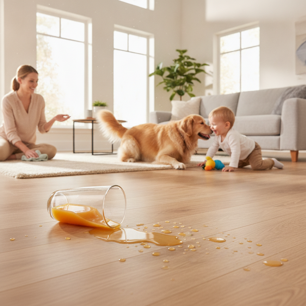 A bright, airy living room where a glass of juice has just spilled onto the beautiful waterproof floor. The liquid is beaded up perfectly on the surface of the planks, not soaking in. In the background, a golden retriever and a young child are playing, unconcerned, showcasing the floor's resilience in a busy, modern family home. Style: photorealistic, warm natural lighting, candid lifestyle photography.