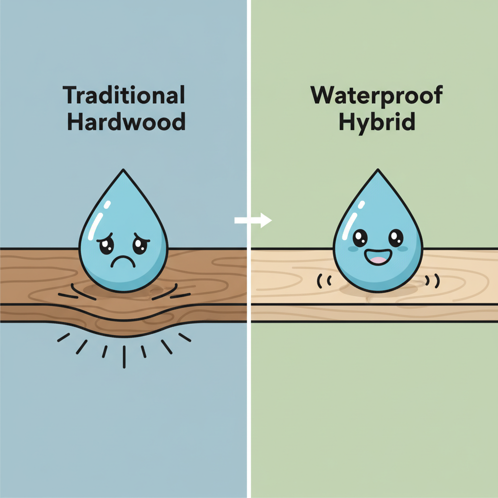 An infographic comparing traditional hardwood, which warps from water, to waterproof hybrid flooring, where water beads up harmlessly on the surface.