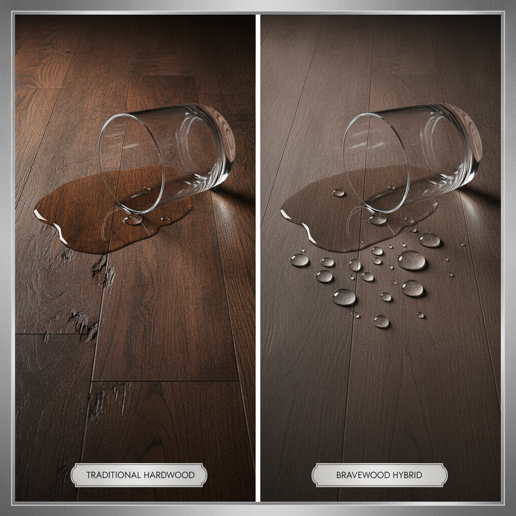 A dramatic split-screen product demonstration shot. On the left side, a glass of water has spilled onto a traditional solid hardwood plank, causing the wood to darken, swell, and visibly warp at the seams. On the right side, the same amount of water beads up perfectly on the surface of a Bravewood hybrid hardwood plank, showing no signs of absorption or damage, reflecting the light. Style: cinematic, macro photography, high-contrast lighting, sophisticated and clean aesthetic.