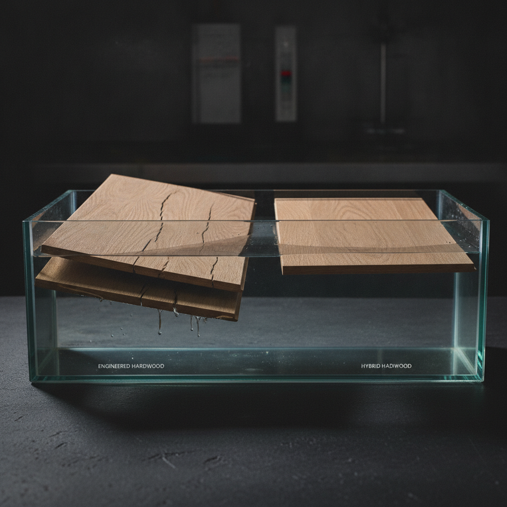A side-by-side comparison showing a traditional engineered hardwood plank swollen and warped in water, while a hybrid hardwood plank remains perfectly flat and undamaged.
