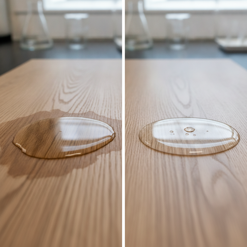 Waterproofing Showdown: Hybrid vs. Solid Hardwood A side-by-side comparison showing water soaking into and damaging a solid hardwood plank on the left, while beading up harmlessly on a hybrid hardwood plank on the right.