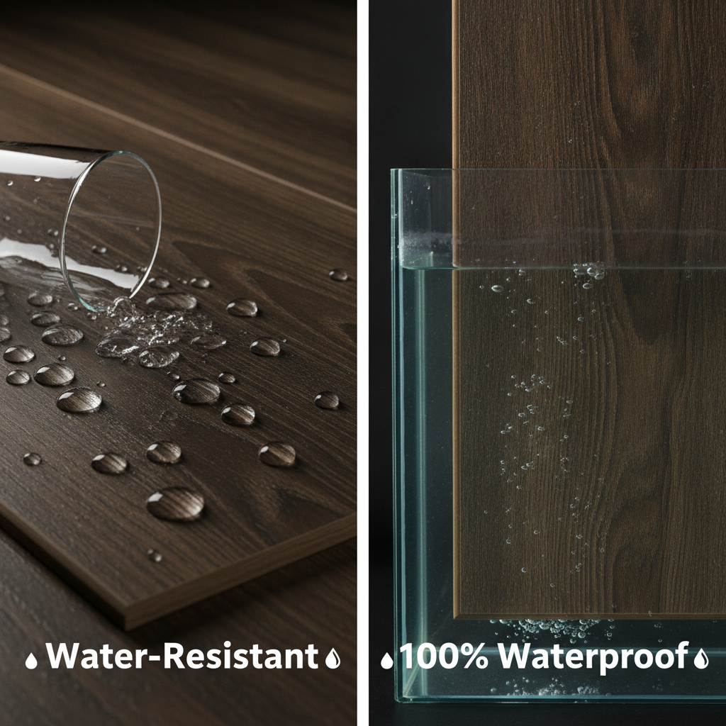 Split image showing water beading on water-resistant hybrid hardwood versus an LVP plank submerged in water, labeled 100% waterproof.