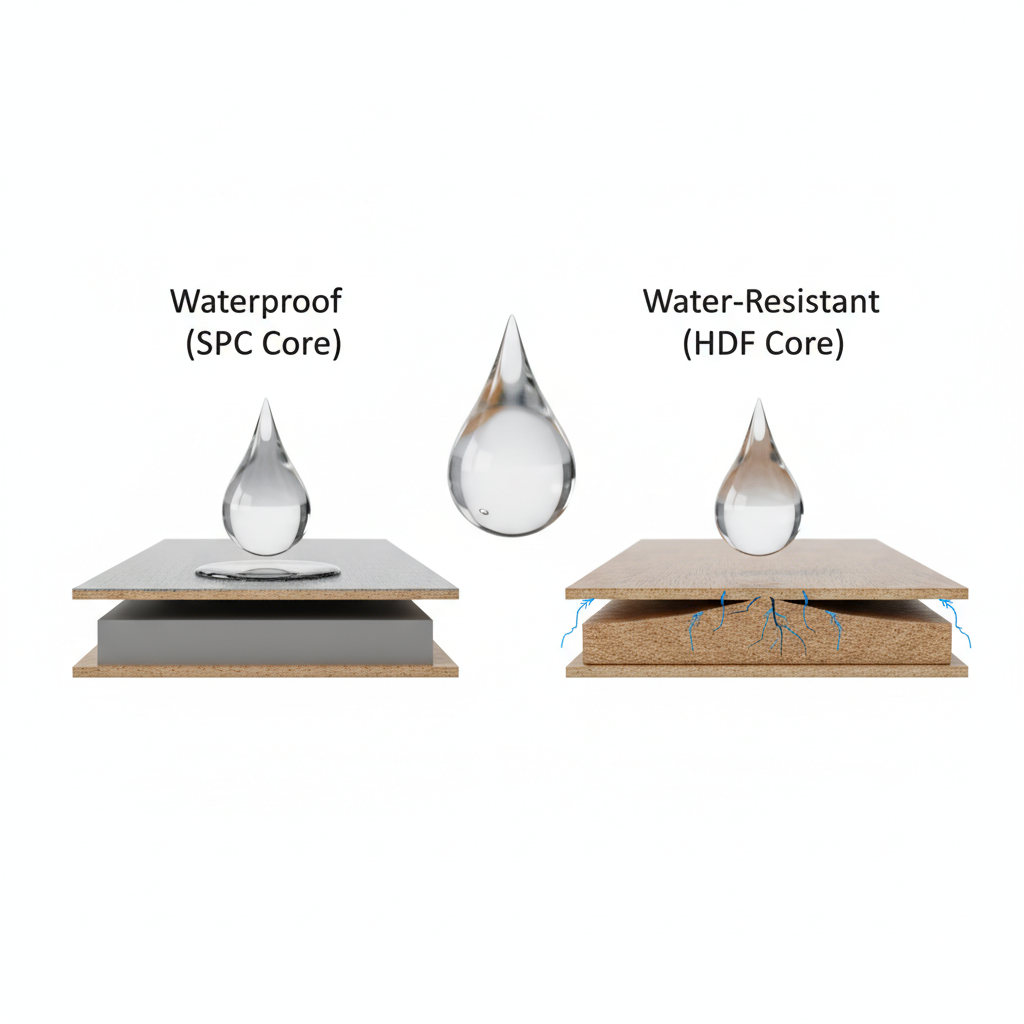 Infographic comparing a waterproof SPC core flooring plank, which repels water, to a water-resistant HDF core plank, which absorbs water and swells.