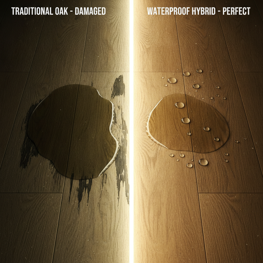 Split image comparing water damage on hardwood. Left side shows a traditional wood plank cupped and warped by water. Right side shows a waterproof hybrid plank unaffected by a puddle of water.
