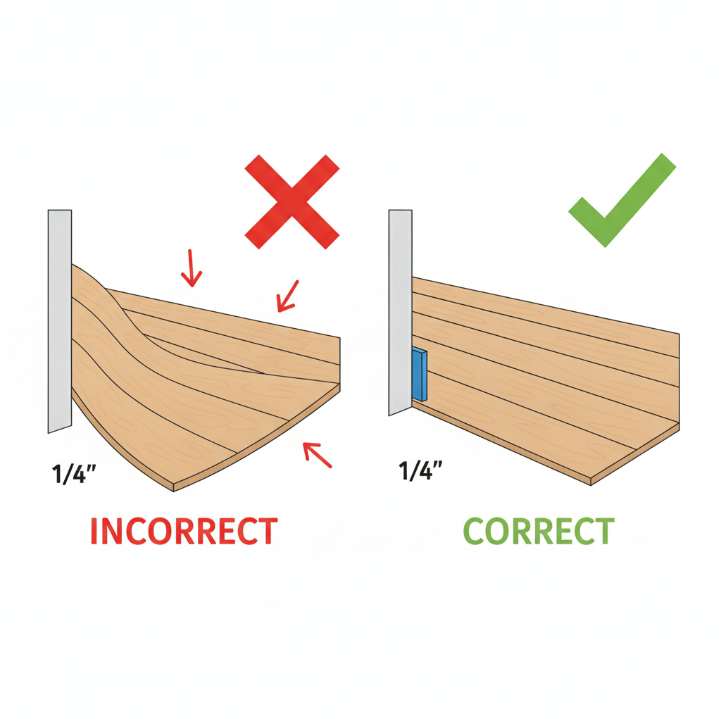 Why an Expansion Gap is Critical for Flooring A diagram comparing incorrect installation without an expansion gap causing buckling, versus correct installation with a 1/4-inch gap allowing the floor to lie flat.