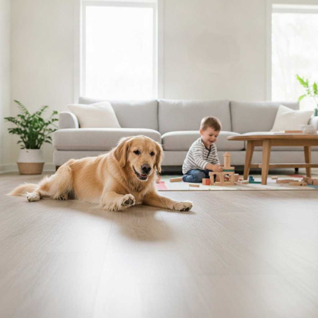 A dog and child playing on a durable LVP floor, demonstrating its suitability for active families with pets.