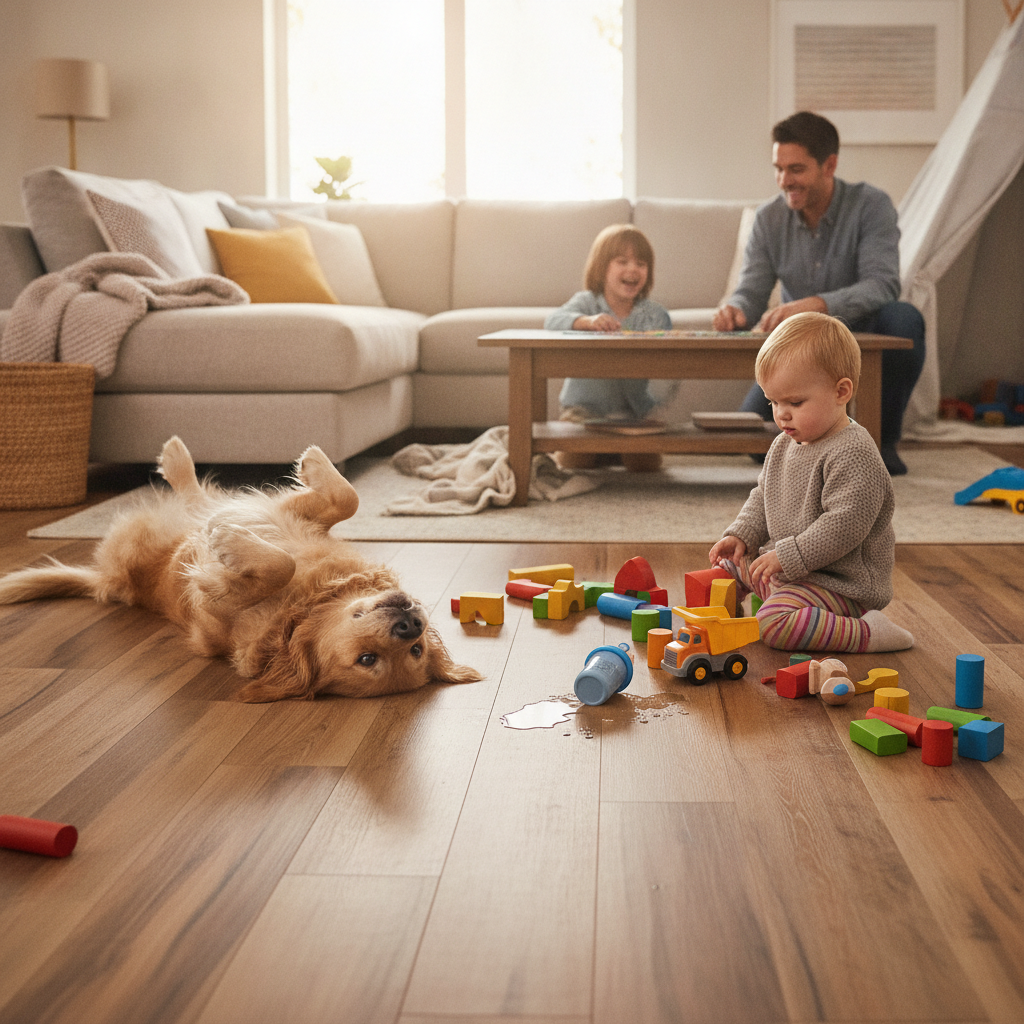 A happy family living room with a dog and toddler playing on a durable Bravewood hybrid floor, unfazed by a nearby spill.