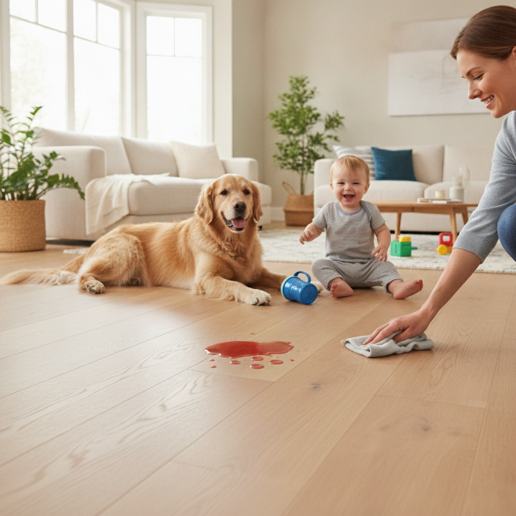 A relaxed family scene with a dog and toddler on a Bravewood floor where spilled juice beads up on the surface, demonstrating its spill-proof and worry-free nature.