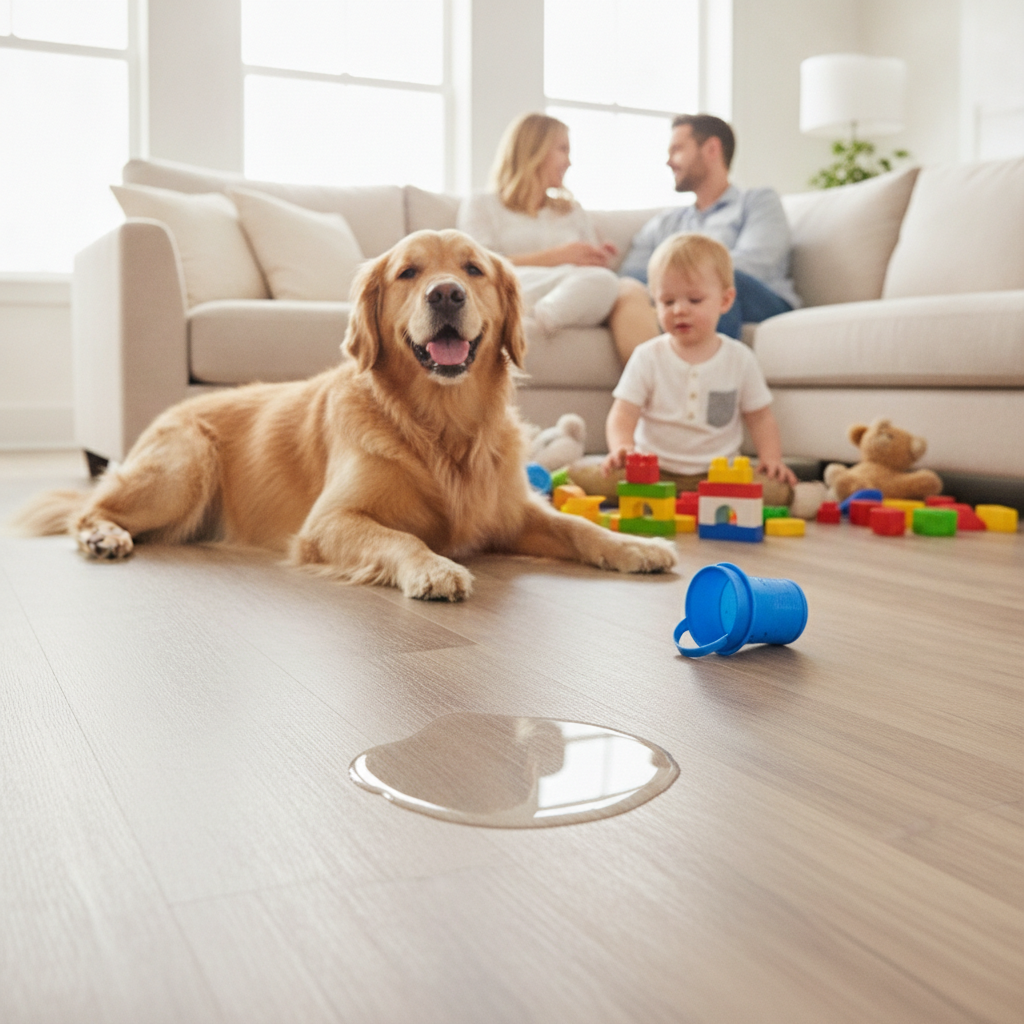 A photorealistic scene of a golden retriever and a child playing on a waterproof hybrid floor, with a small spill beaded up on the surface, demonstrating the floor's resilience.