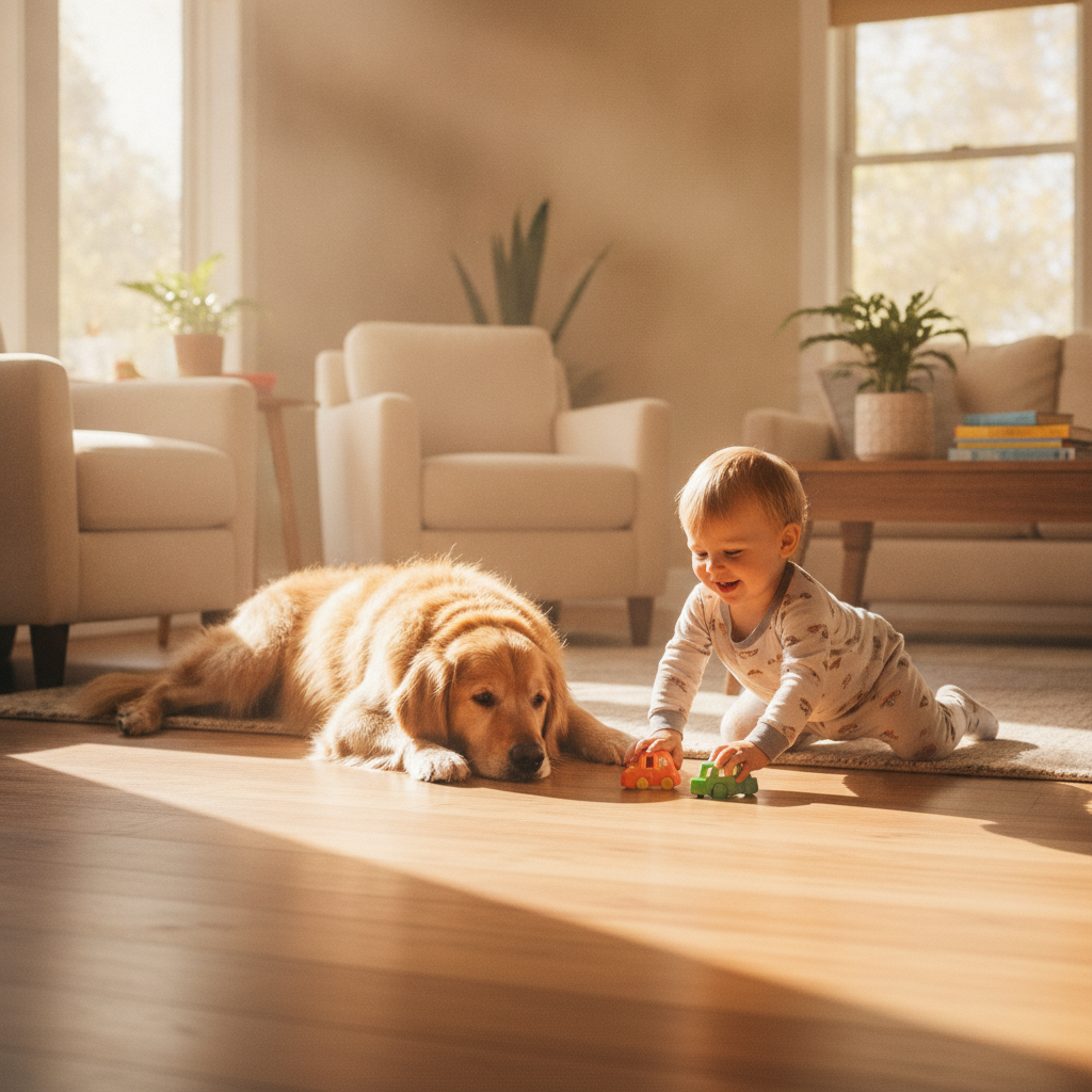 A happy golden retriever and a toddler playing with a toy car on a durable and pristine hybrid hardwood floor in a sunlit living room.
