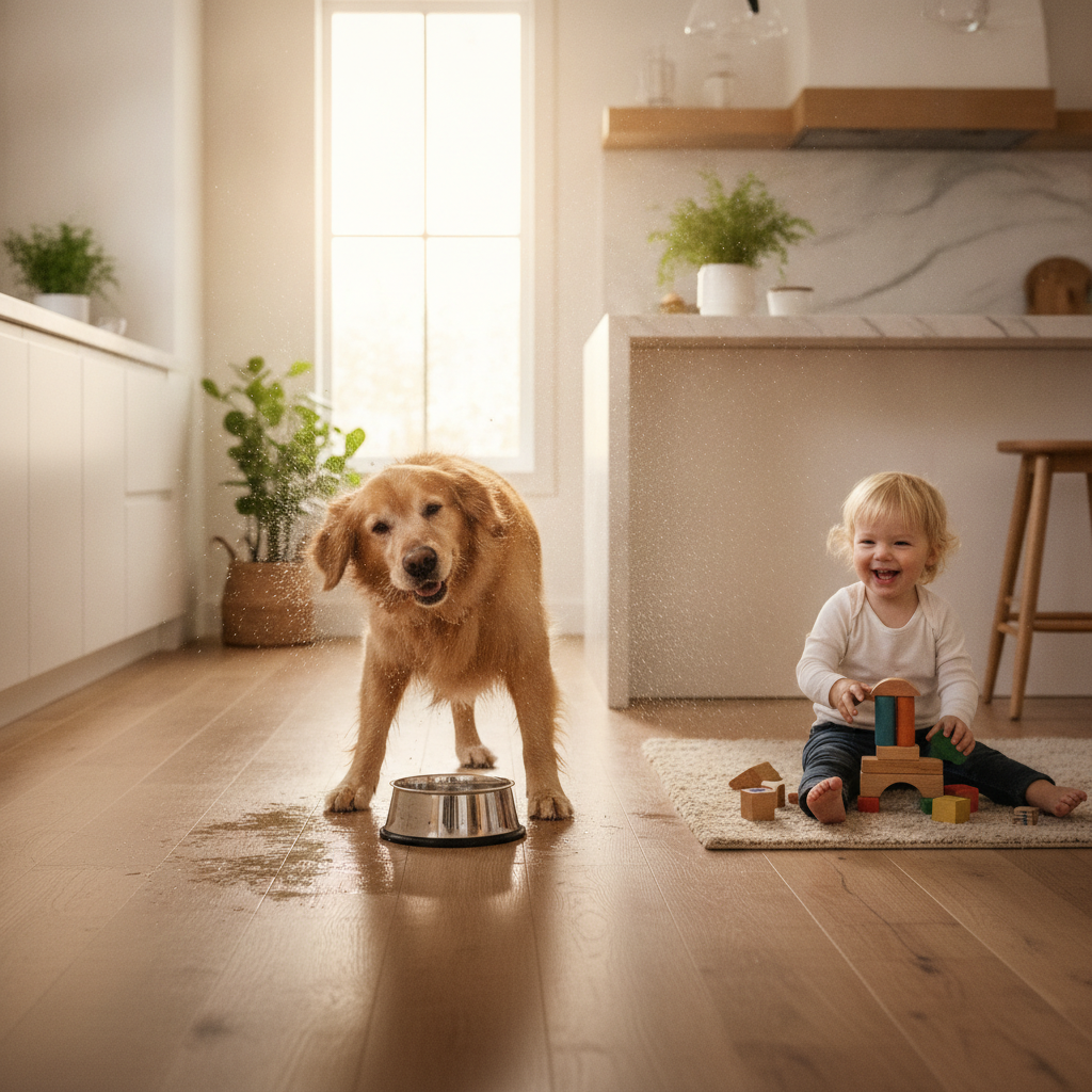 Worry-Free Floors for Families and Pets A happy golden retriever shakes water onto a beautiful hybrid hardwood floor in a sunlit kitchen while a toddler plays nearby, illustrating the floor's durability for families with pets.