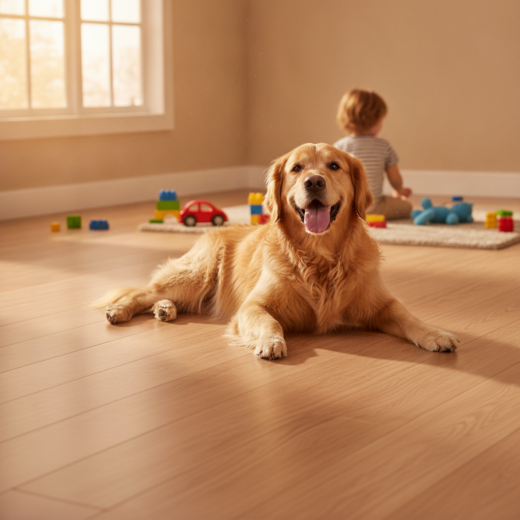 Happy golden retriever lying on a light oak hybrid hardwood floor with a child playing in the background.