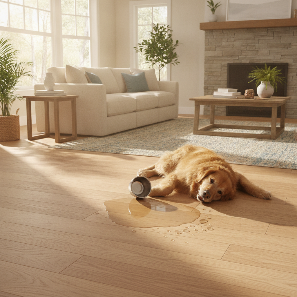 A warm, inviting shot of a living room with light oak waterproof hybrid hardwood floors, where a happy golden retriever lies next to a small, harmless puddle of water that is beading on the surface.